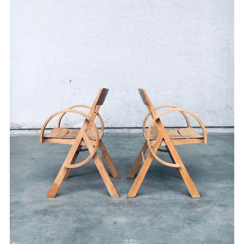 Pareja de sillones vintage franceses de madera de roble hechos a mano, Francia años 50