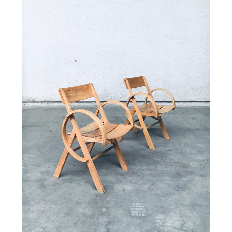 Pair of vintage French handmade oakwood armchairs, France 1950s