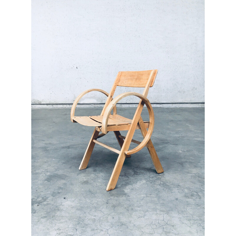 Pair of vintage French handmade oakwood armchairs, France 1950s