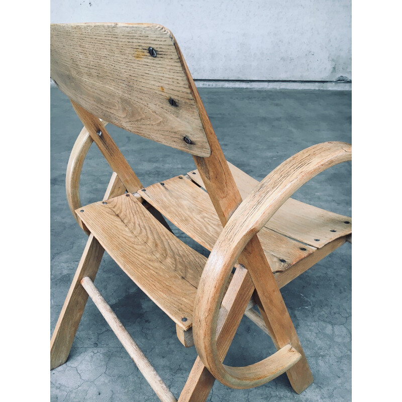 Paar vintage Franse handgemaakte eikenhouten fauteuils, Frankrijk 1950