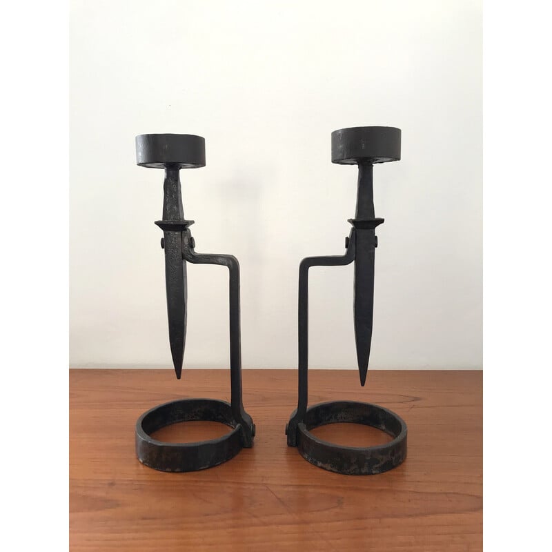 Pair of vintage Brutalist wrought iron candleholders, 1970