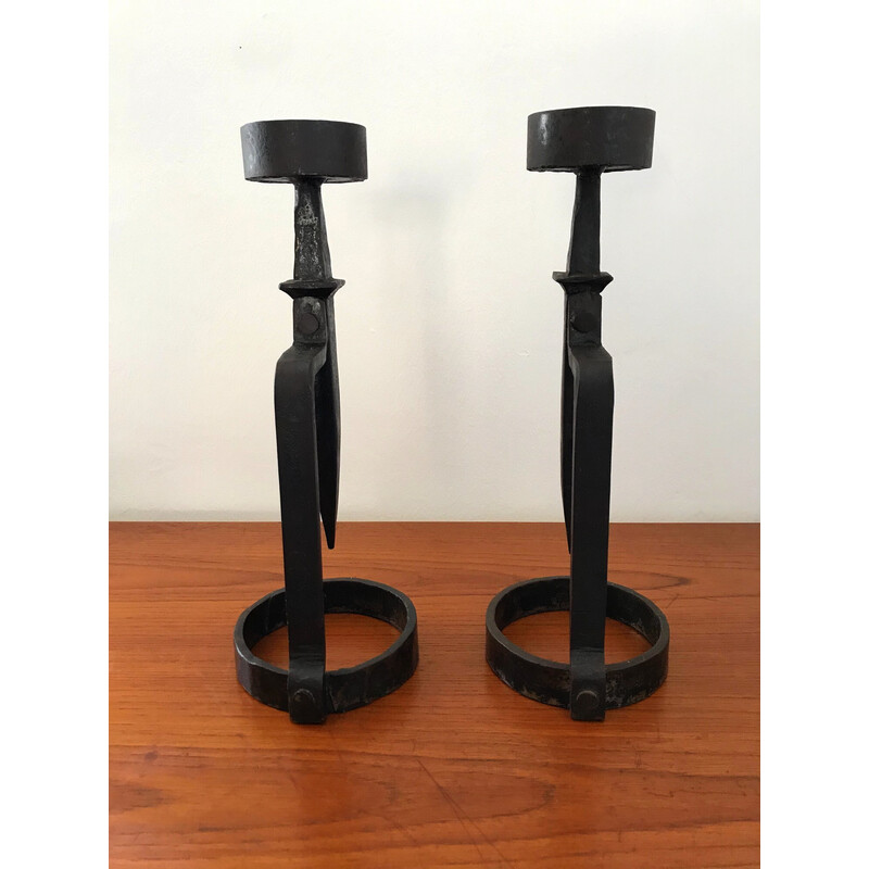 Pair of vintage Brutalist wrought iron candleholders, 1970