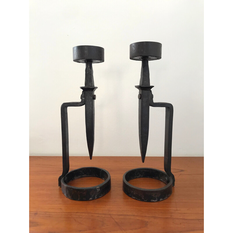 Pair of vintage Brutalist wrought iron candleholders, 1970