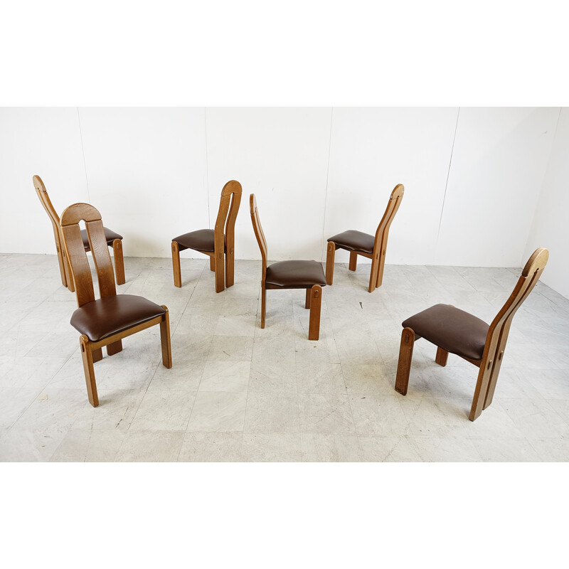 Set of 6 vintage brutalist oakwood chairs, Belgium 1960