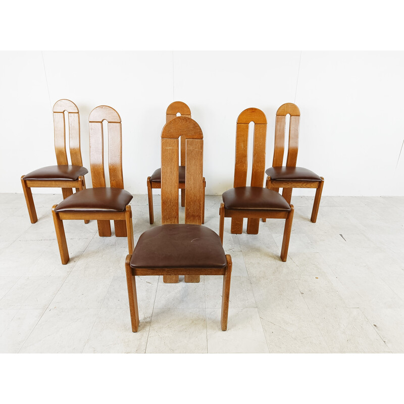 Set of 6 vintage brutalist oakwood chairs, Belgium 1960