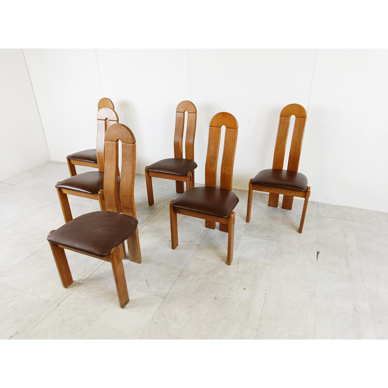 Ensemble de 6 chaises vintage brutalistes en chêne, Belgique 1960