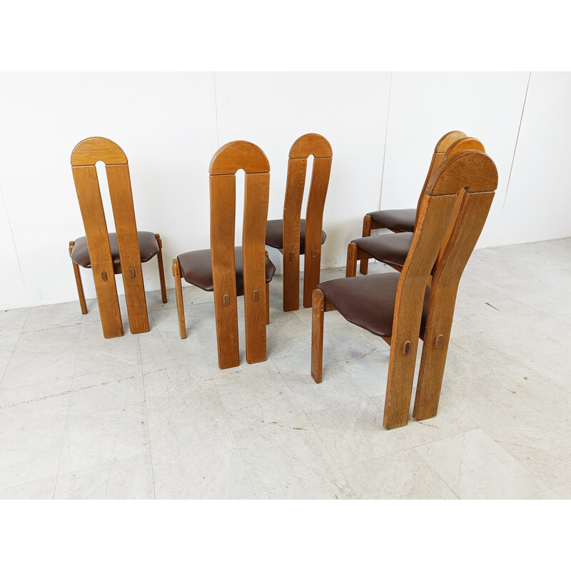 Set of 6 vintage brutalist oakwood chairs, Belgium 1960