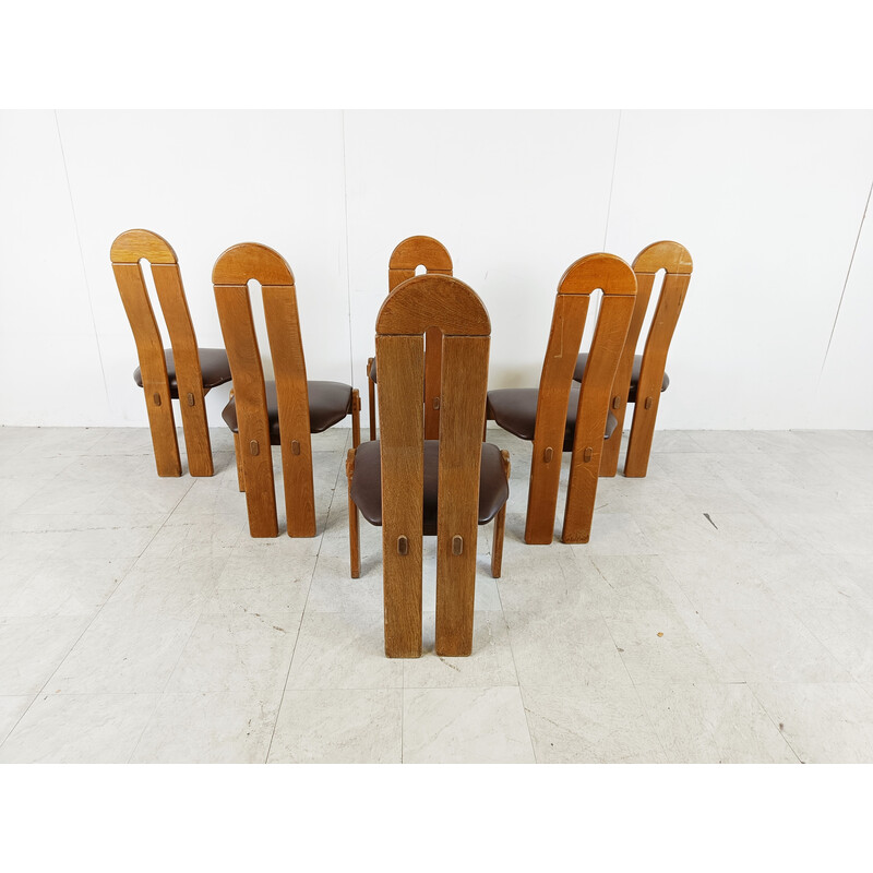 Set van 6 vintage brutalistische eiken stoelen, België 1960