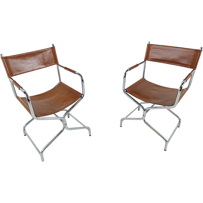 Pair of vintage folding chairs Figaro model in leather by Ikea, 1970