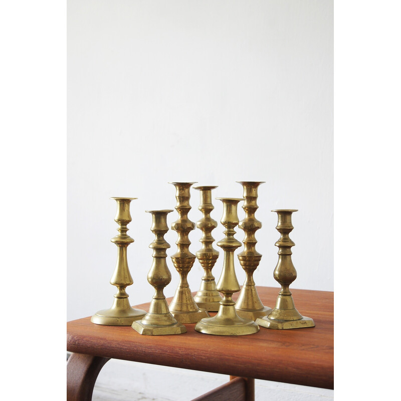 Set of 7 vintage brass candlesticks, 1960