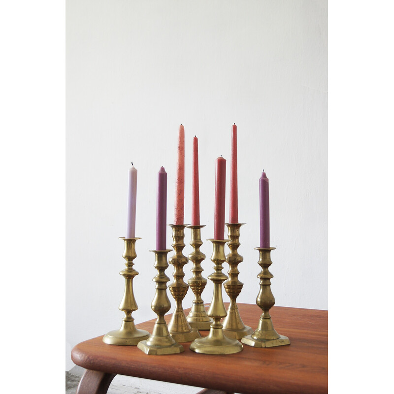 Set of 7 vintage brass candlesticks, 1960