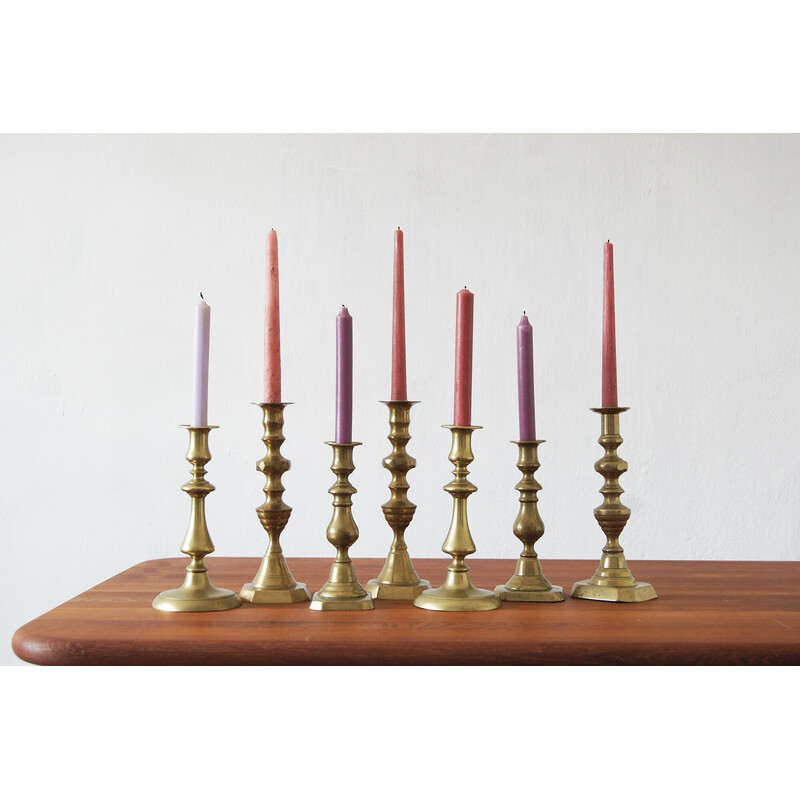 Set of 7 vintage brass candlesticks, 1960
