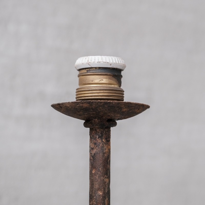 Pair of vintage metal candlesticks on flared legs, Spain 1960