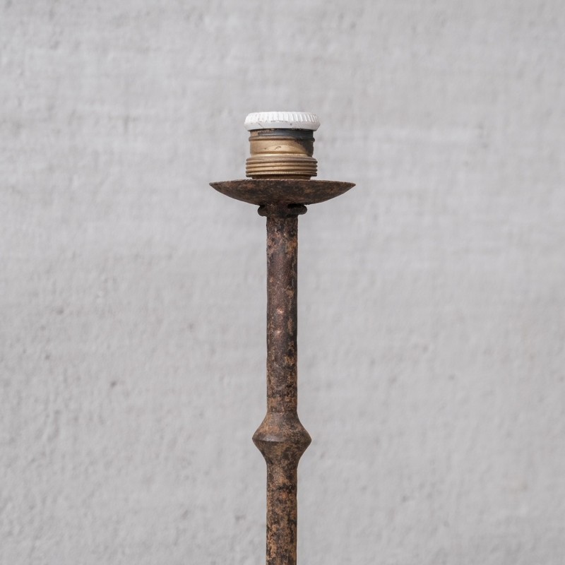 Pair of vintage metal candlesticks on flared legs, Spain 1960