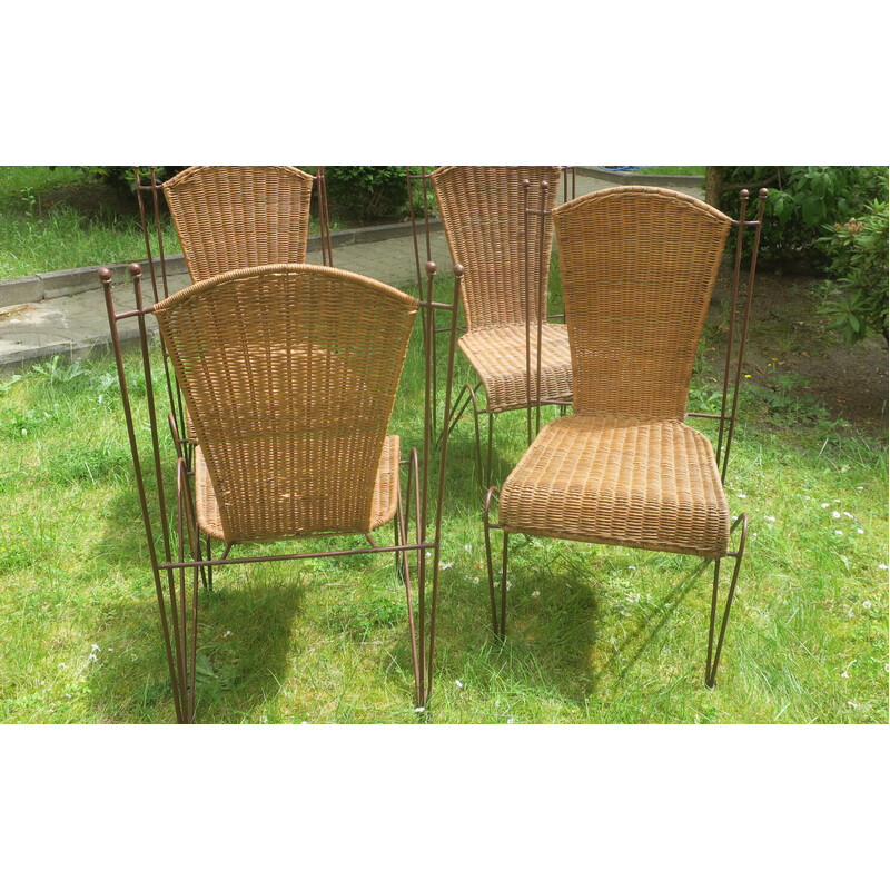 Set of 4 vintage rattan and iron garden chairs by Frederick Weinberg, USA 1960