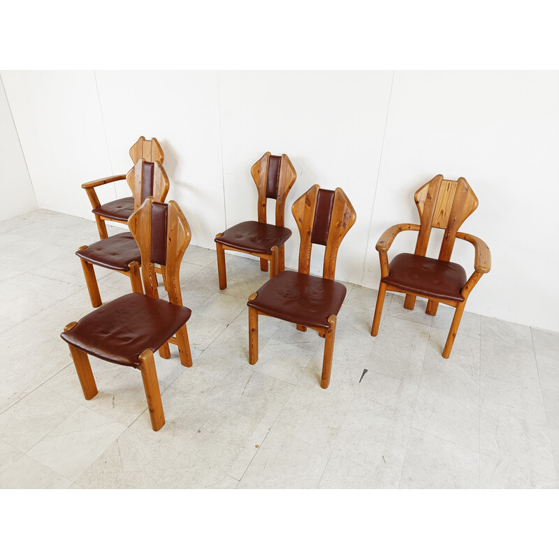 Ensemble de 6 chaises vintage en pin et cuir, Danemark 1970