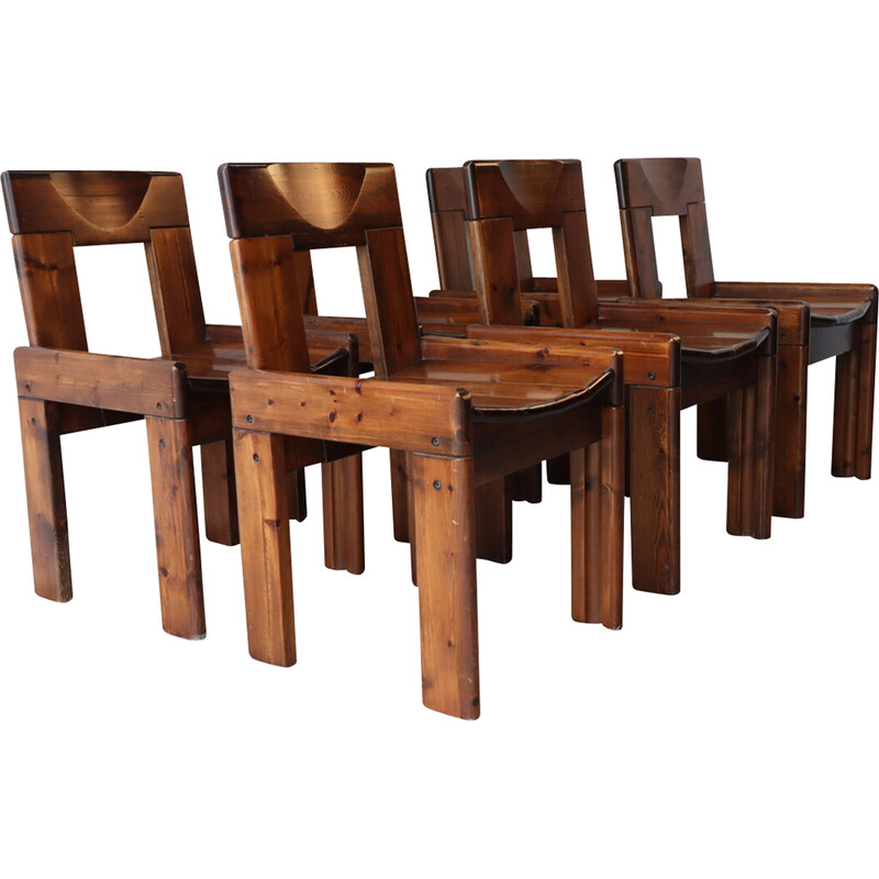 Set of 6 vintage Brutalist chairs in wood by Silvio Coppola for Fratelli Montina, 1970