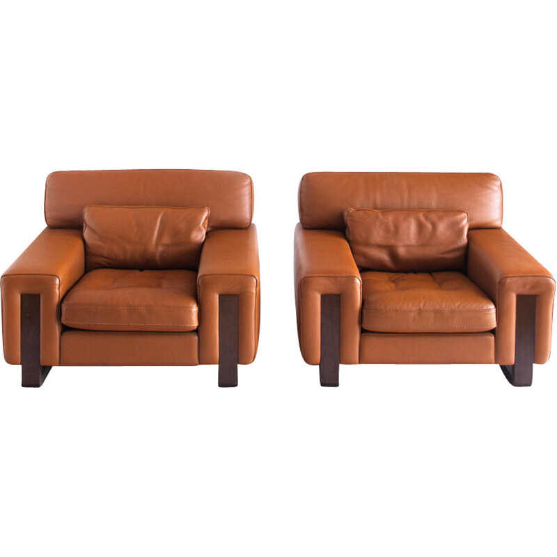 Pair of vintage leather and wood armchairs for Roche Bobois, France