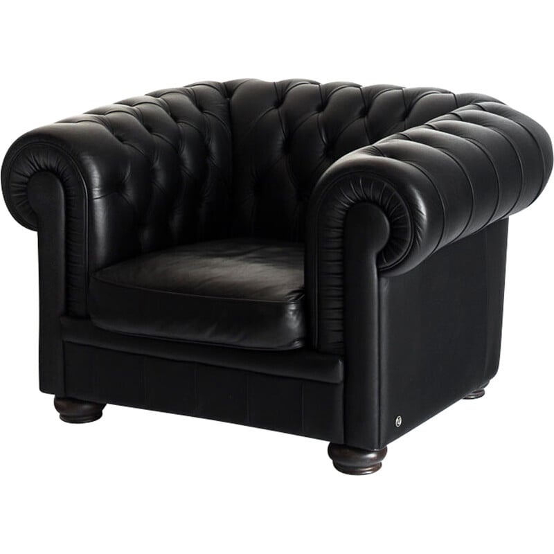 Fauteuil Chesterfield vintage "King" en cuir noir par Natuzzi, Italie