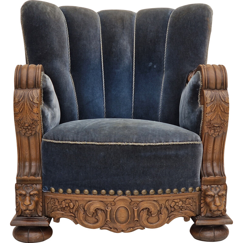 Vintage Deense art deco relax fauteuil in oceaanblauw velours