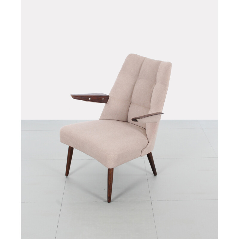 Czeck beige armchair with wooden armrest and checkerboard backrest - 1960s