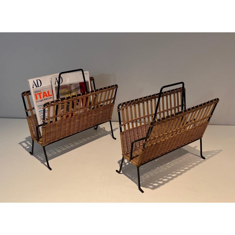 Pair of vintage lacquered metal and rattan magazine rack, France 1940
