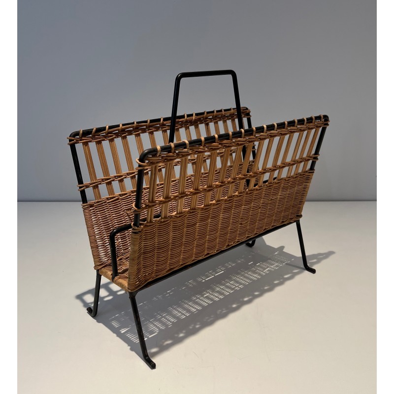 Pair of vintage lacquered metal and rattan magazine rack, France 1940
