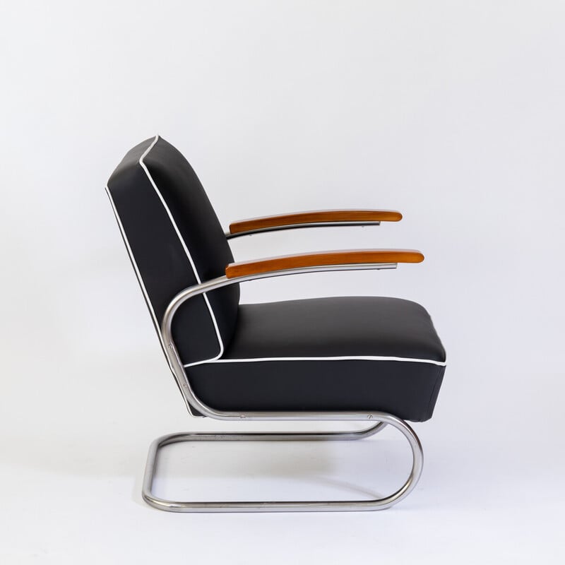 Vintage Bauhaus fauteuil in verchroomd staal en hout van Mücke en Melder, 1930