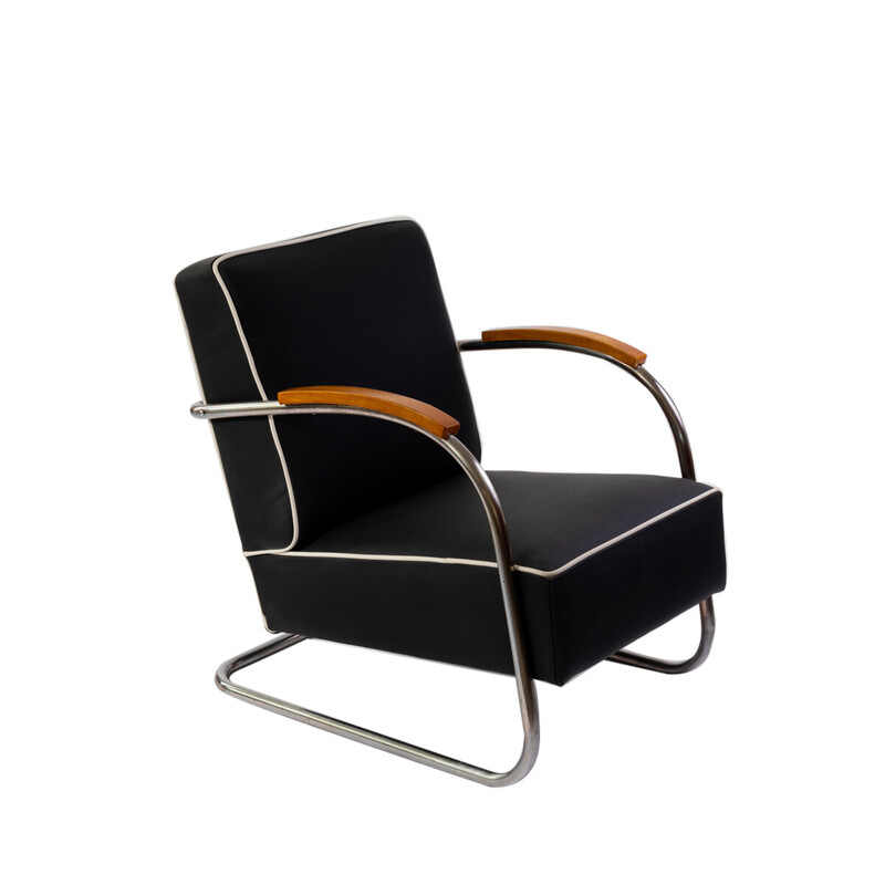 Cadeira de braços Bauhaus vintage em aço cromado e madeira de Mücke e Melder, 1930