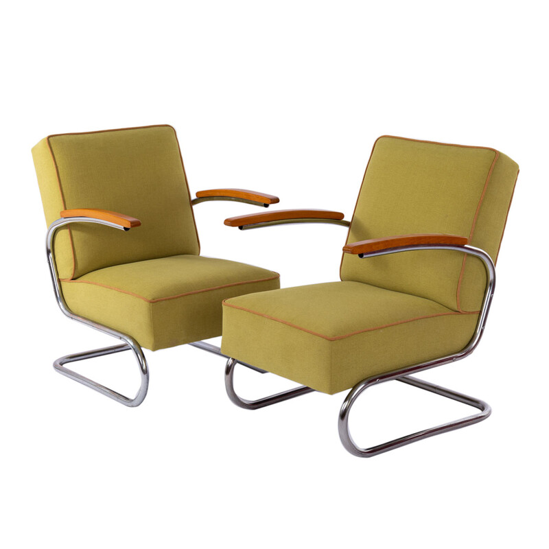 Pair of vintage Bauhaus cantilever armchairs in chromed steel, 1930