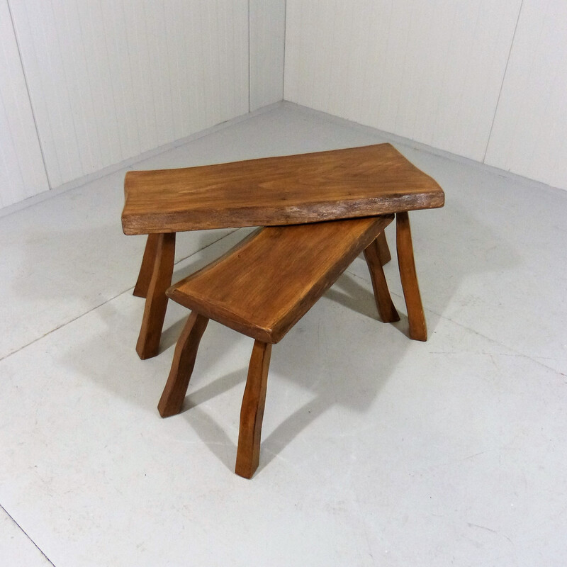 Coppia di tavolini brutalisti vintage in legno, 1960
