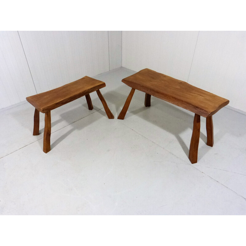 Pair of vintage brutalist side tables in wood, 1960