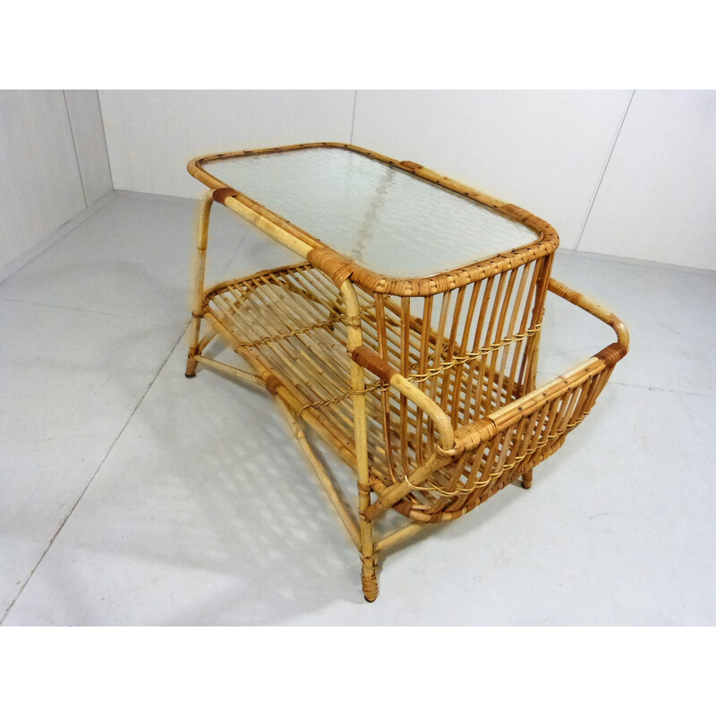 Vintage rattan and glass side table with magazine rack, 1960