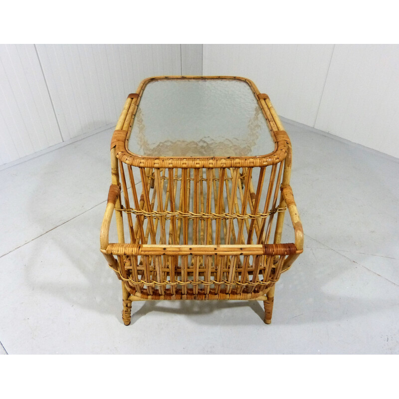 Vintage rattan and glass side table with magazine rack, 1960