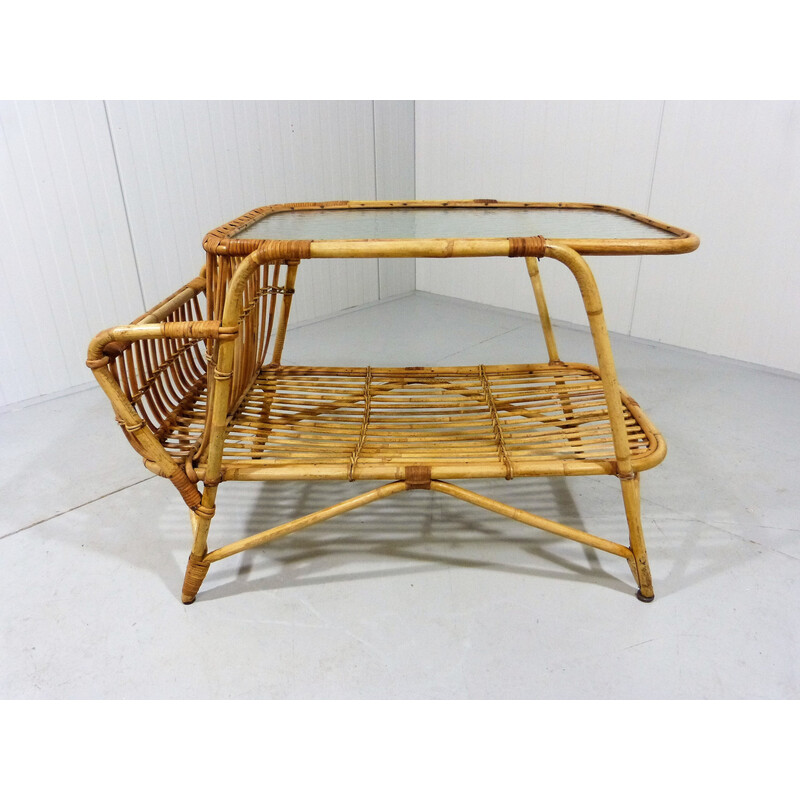 Vintage rattan and glass side table with magazine rack, 1960