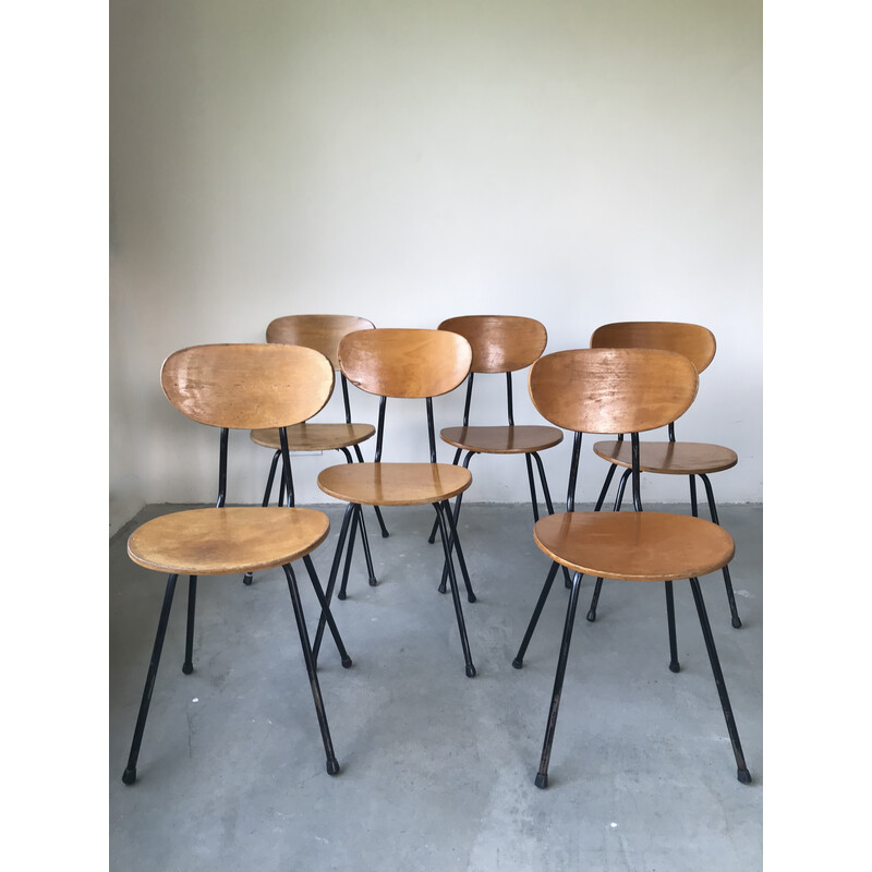 Set of 6 vintage chairs in wood and metal, France 1950