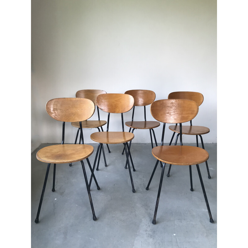 Set van 6 vintage stoelen van hout en metaal, Frankrijk 1950