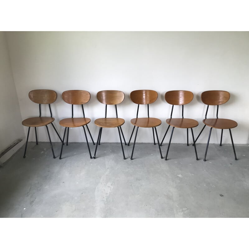 Ensemble de 6 chaises vintage en bois et métal, France 1950