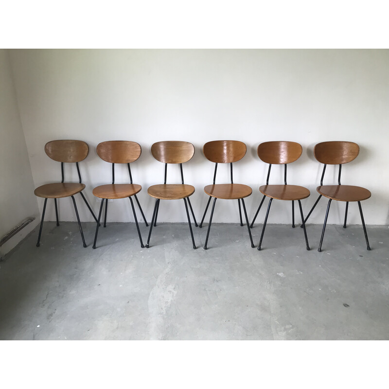 Set of 6 vintage chairs in wood and metal, France 1950