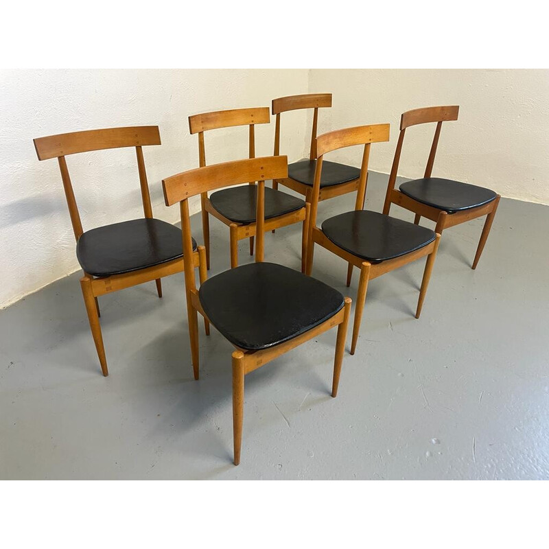 Set of 6 vintage wood and leather chairs by Alan Fuchs for Úluv, Czechoslovakia 1960