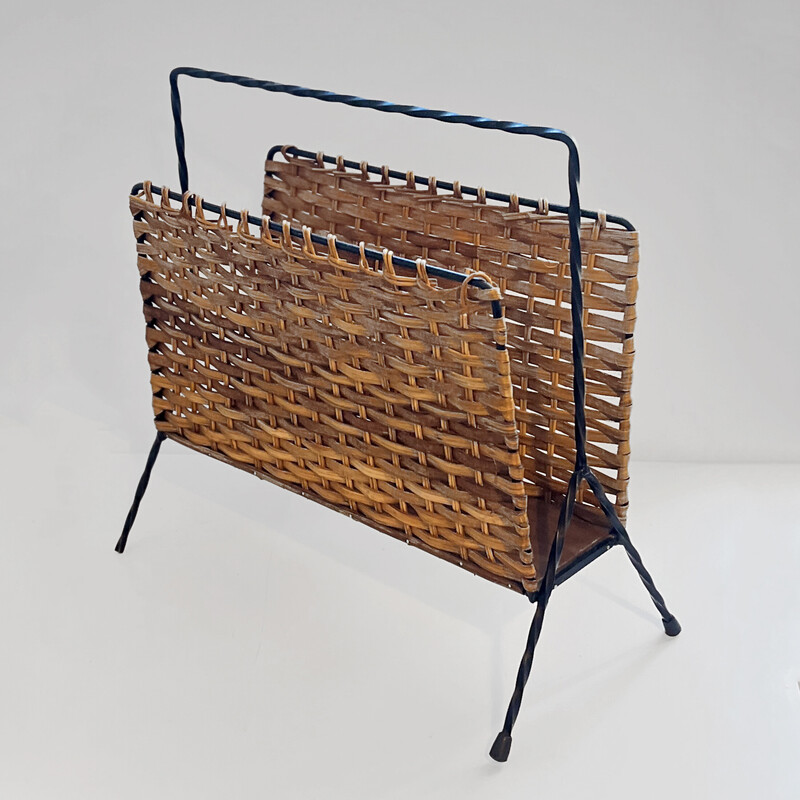 Vintage wicker and metal newspaper stand, Denmark 1960