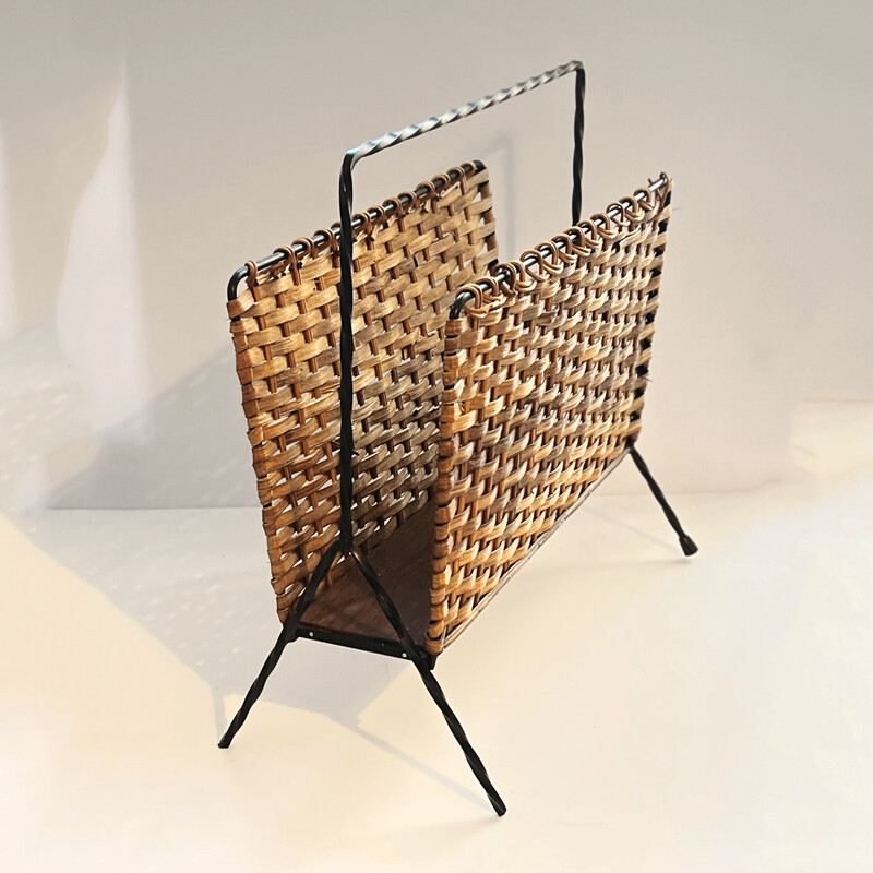 Vintage wicker and metal newspaper stand, Denmark 1960