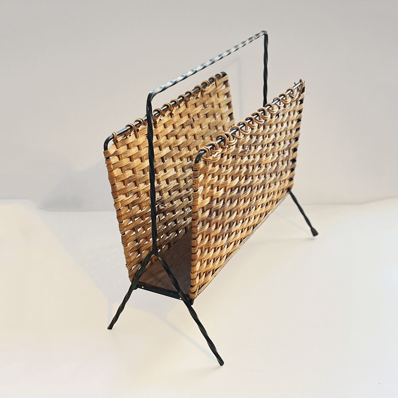 Vintage wicker and metal newspaper stand, Denmark 1960