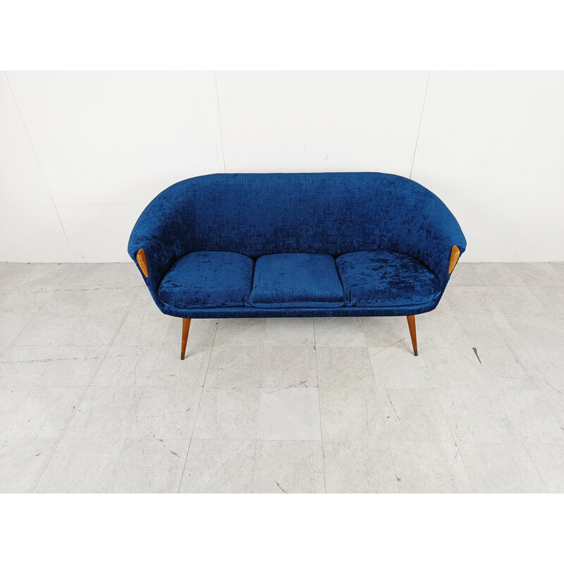Canapé vintage en bois et tissu bleu par Nanna Ditzel, Danemark 1950