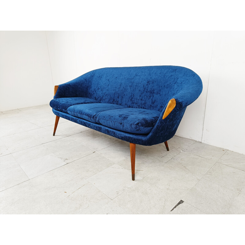 Canapé vintage en bois et tissu bleu par Nanna Ditzel, Danemark 1950