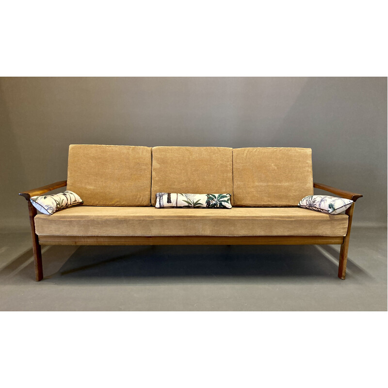 Scandinavian vintage 3 seater sofa in teak and velvet, 1950