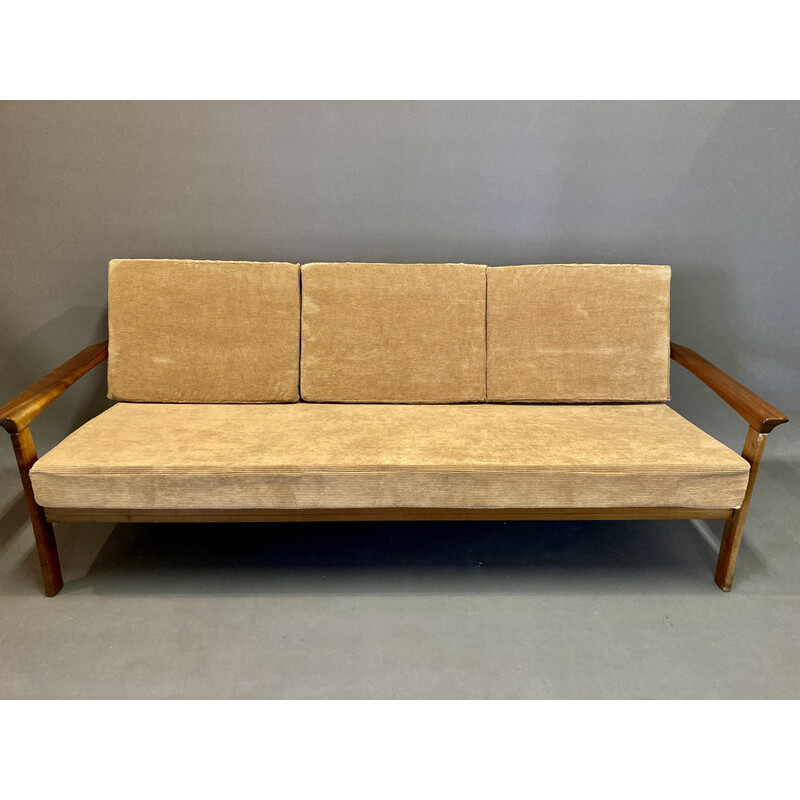 Scandinavian vintage 3 seater sofa in teak and velvet, 1950