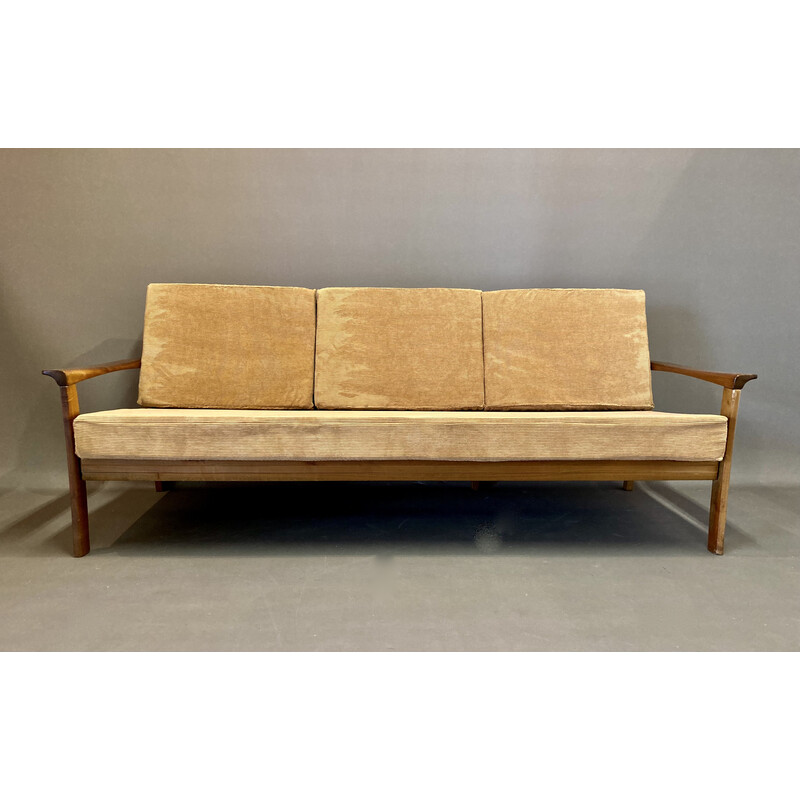 Scandinavian vintage 3 seater sofa in teak and velvet, 1950