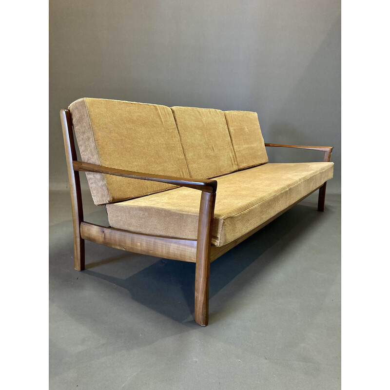 Scandinavian vintage 3 seater sofa in teak and velvet, 1950