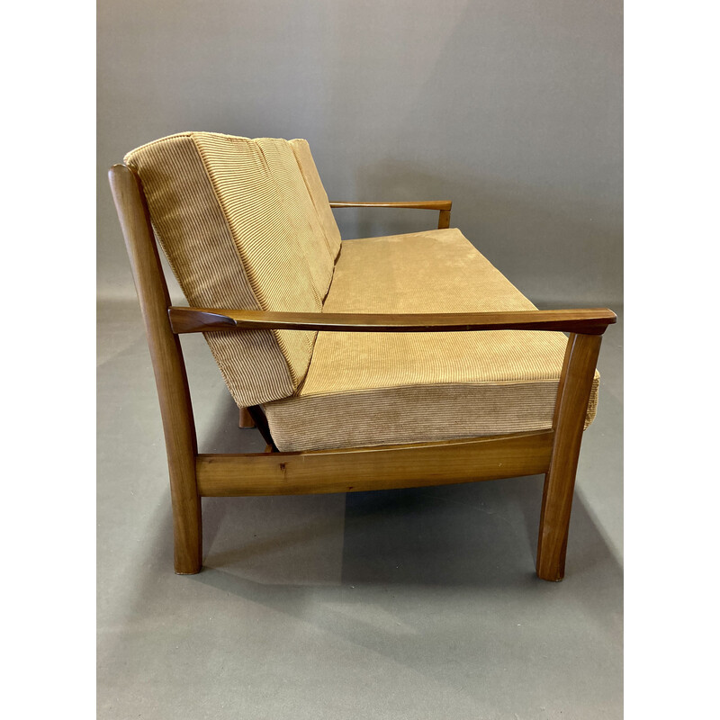 Divano scandinavo vintage a 3 posti in teak e velluto, 1950